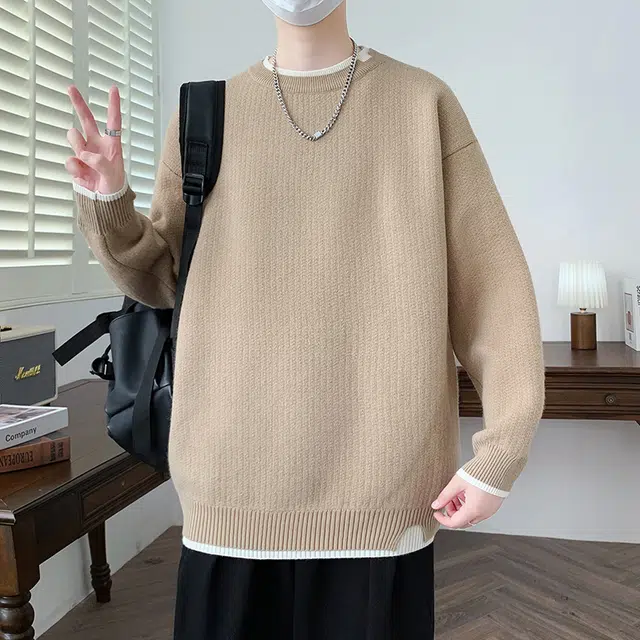 【dme】 潮牌宽松休闲纯色针织打底衫假两件圆领毛衣 男款