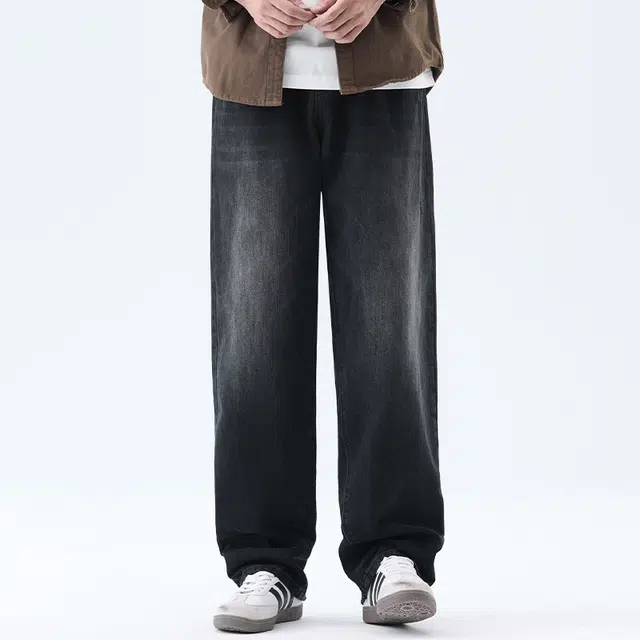 【dme】 美式高街风水洗宽松休闲阔腿长裤复古痞帅做旧遮肉显瘦直筒牛仔裤 男女同款 黑色