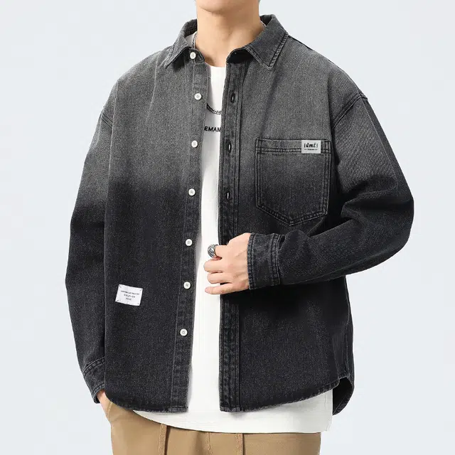 【dme】 时尚潮牌宽松小众设计感衬衣外套舒适百搭重工艺水洗渐变牛仔衬衫 男女同款 黑色