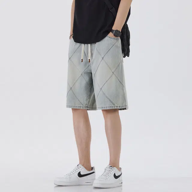 【dme】 美式复古菱格设计时尚潮流透气五分裤休闲宽松直筒日常百搭牛仔短裤 男女同款