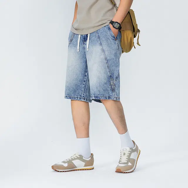 【dme】 美式高街水洗刺绣基础款纯色宽松直筒阔腿休闲五分牛仔短裤 男女同款