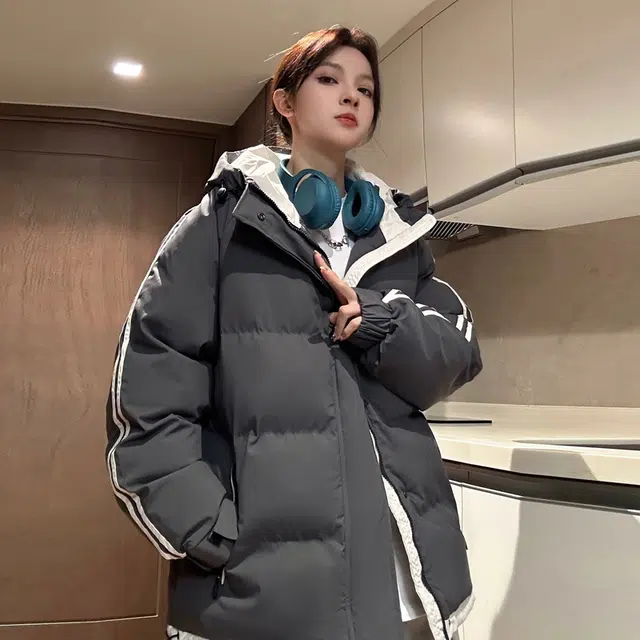 【dme】 拼接撞色假两件加厚保暖连帽羽绒服 男女同款