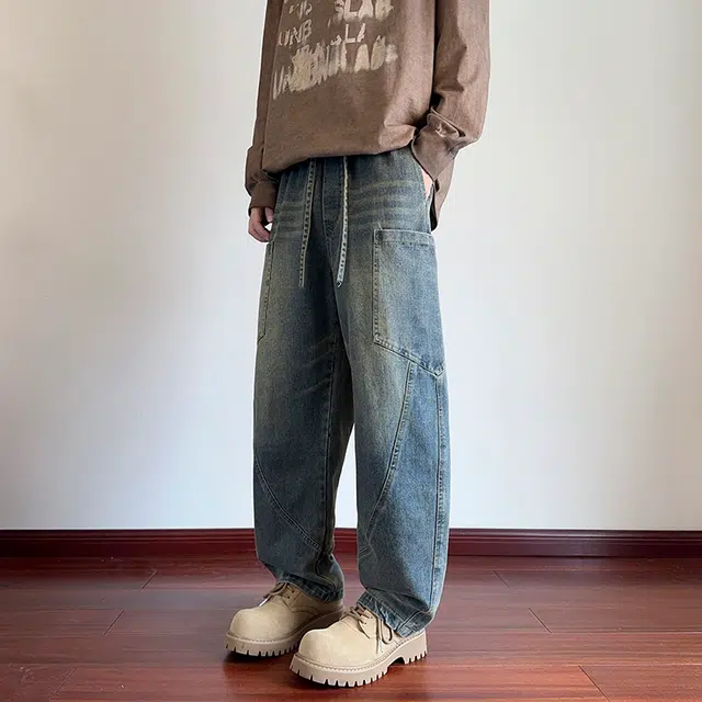 【dme】 美式复古百搭简约休闲宽松水洗做旧直筒拼接个性舒适垂感牛仔裤 男女同款