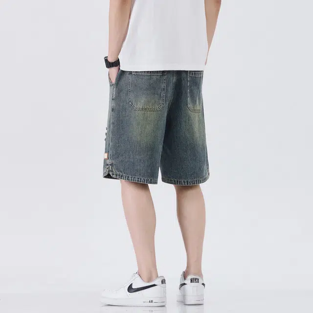 【dme】 破洞水洗做旧舒适透气通勤运动休闲系带中腰直筒宽松百搭五分牛仔短裤 男女同款