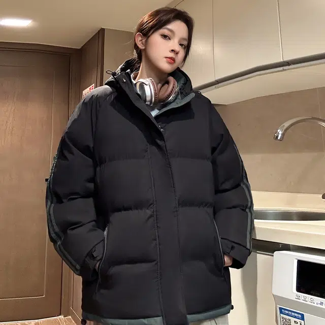 【dme】 拼接撞色假两件加厚保暖连帽羽绒服 男女同款