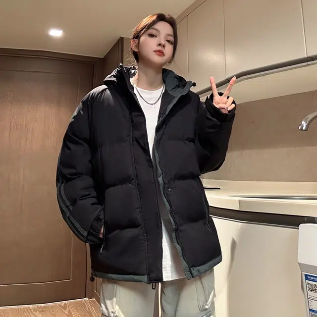 【dme】 拼接撞色假两件加厚保暖连帽羽绒服 男女同款