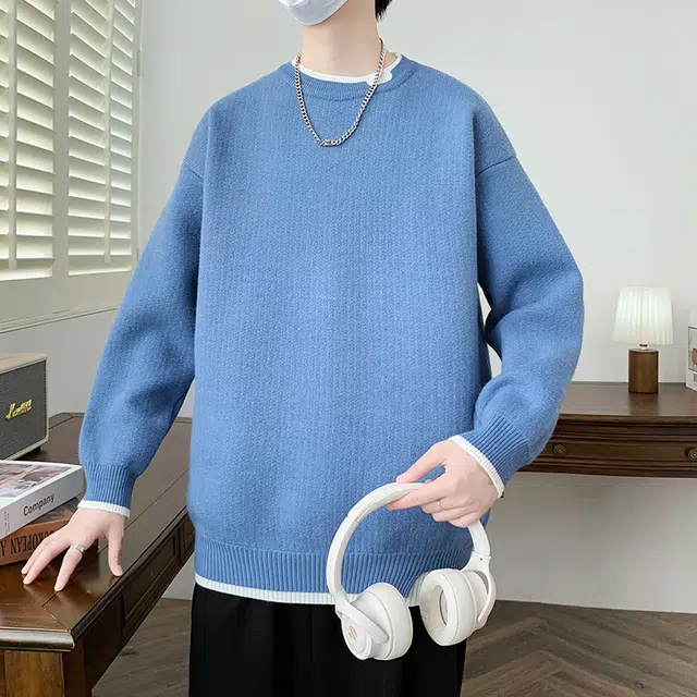【dme】 潮牌宽松休闲纯色针织打底衫假两件圆领毛衣 男款