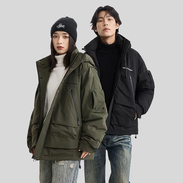 【dme】 美式工装机能字母刺绣防风山系连帽羽绒服 男女同款