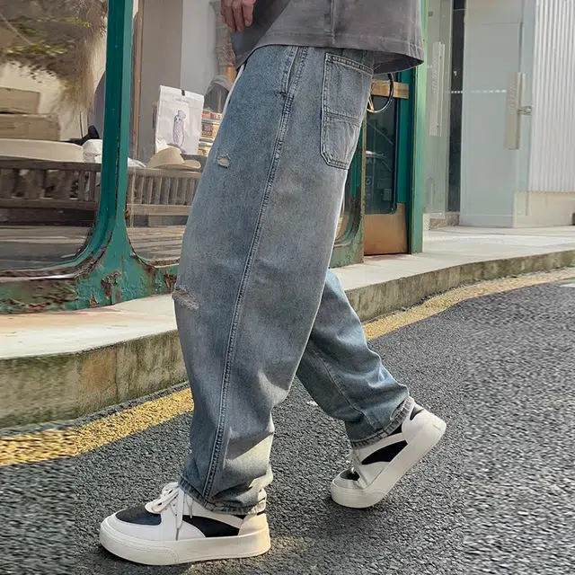 【dme】 薄款破洞刮烂复古做旧抽绳水洗牛仔裤 男款 怀旧色