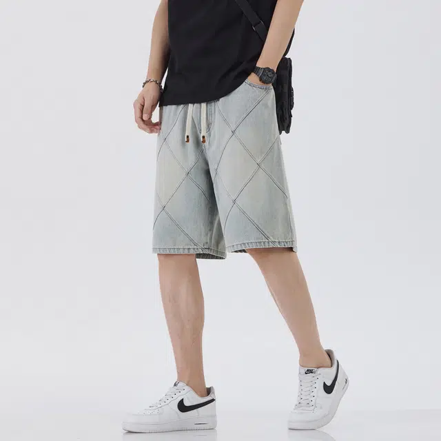 【dme】 美式复古菱格设计时尚潮流透气五分裤休闲宽松直筒日常百搭牛仔短裤 男女同款