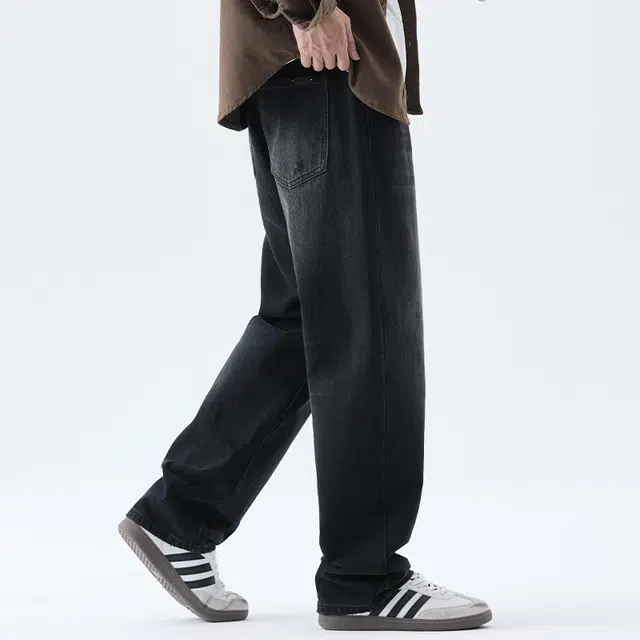 【dme】 美式高街风水洗宽松休闲阔腿长裤复古痞帅做旧遮肉显瘦直筒牛仔裤 男女同款 黑色