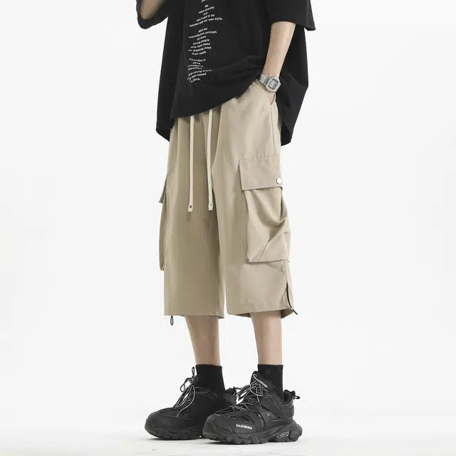 【dme】 美式潮牌户外机能大口袋冰丝凉感宽松阔腿直筒过膝七分工装休闲短裤 男女同款