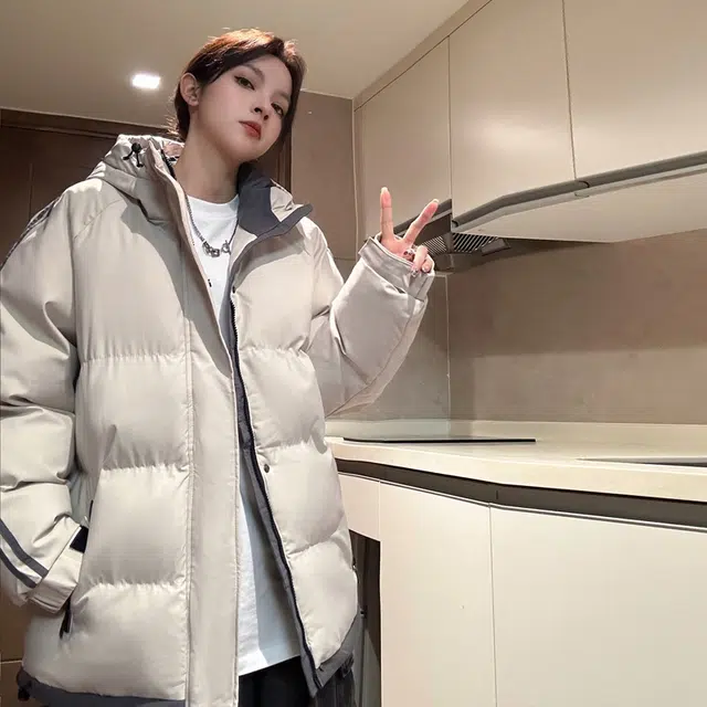 【dme】 拼接撞色假两件加厚保暖连帽羽绒服 男女同款