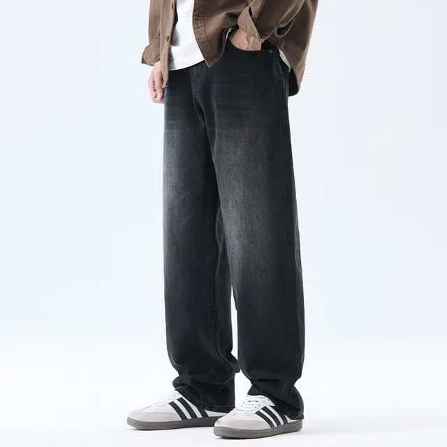 【dme】 美式高街风水洗宽松休闲阔腿长裤复古痞帅做旧遮肉显瘦直筒牛仔裤 男女同款 黑色