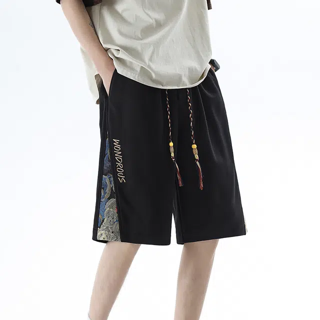 【dme】 新中式小熊绣花五分大码沙滩裤宽松纯色系带直筒运动休闲短裤 男女同款