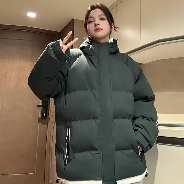 【dme】 拼接撞色假两件加厚保暖连帽羽绒服 男女同款