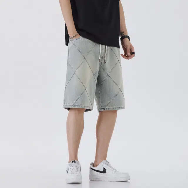 【dme】 美式复古菱格设计时尚潮流透气五分裤休闲宽松直筒日常百搭牛仔短裤 男女同款