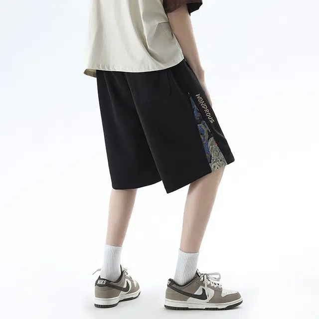 【dme】 新中式小熊绣花五分大码沙滩裤宽松纯色系带直筒运动休闲短裤 男女同款