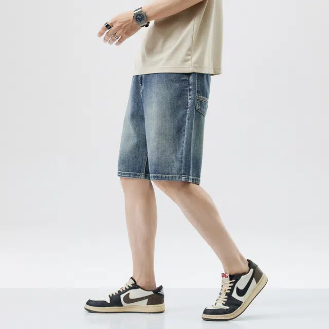 寻星记 男士夏季美式简约纯色百搭宽松五分水洗休闲裤牛仔短裤 男女同款