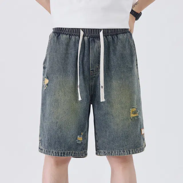 【dme】 破洞水洗做旧舒适透气通勤运动休闲系带中腰直筒宽松百搭五分牛仔短裤 男女同款