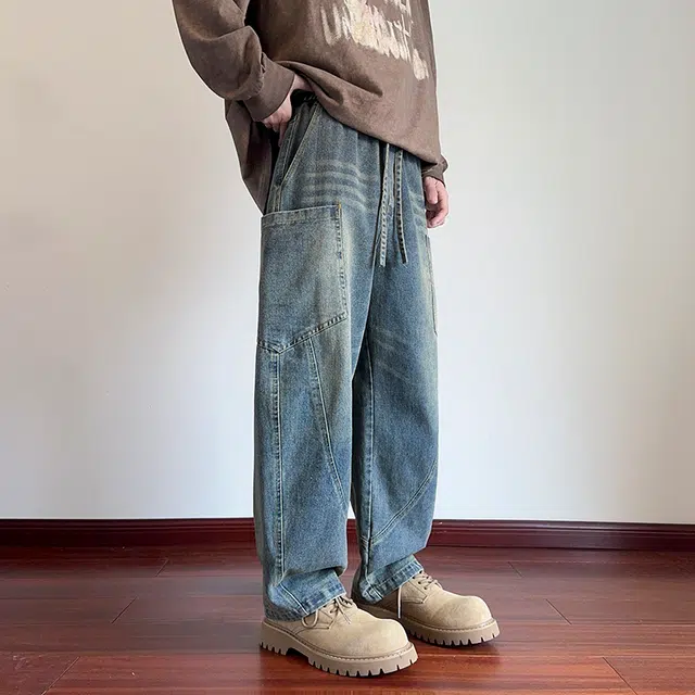 【dme】 美式复古百搭简约休闲宽松水洗做旧直筒拼接个性舒适垂感牛仔裤 男女同款