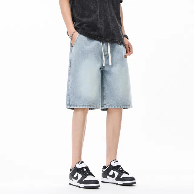 【dme】 复古潮流宽松系带五分时尚百搭牛仔短裤 男女同款