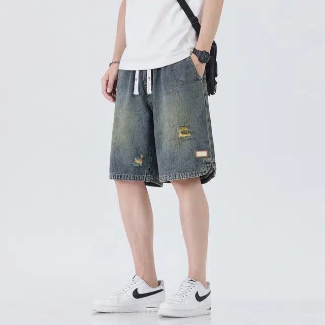 【dme】 破洞水洗做旧舒适透气通勤运动休闲系带中腰直筒宽松百搭五分牛仔短裤 男女同款