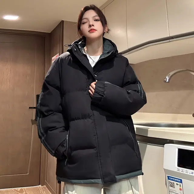 【dme】 拼接撞色假两件加厚保暖连帽羽绒服 男女同款