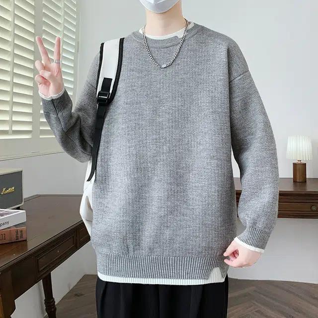 【dme】 潮牌宽松休闲纯色针织打底衫假两件圆领毛衣 男款