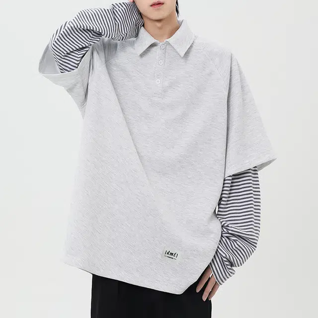 【dme】 日系简约翻领外穿拼接宽松休闲长袖上衣日常通勤舒适百搭假两件卫衣 男女同款