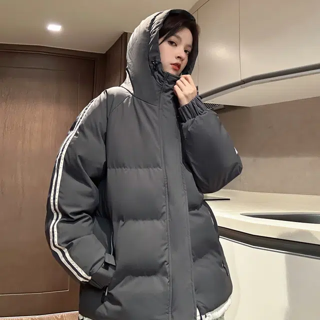 【dme】 拼接撞色假两件加厚保暖连帽羽绒服 男女同款