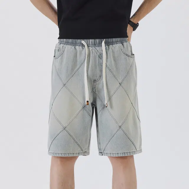 【dme】 美式复古菱格设计时尚潮流透气五分裤休闲宽松直筒日常百搭牛仔短裤 男女同款