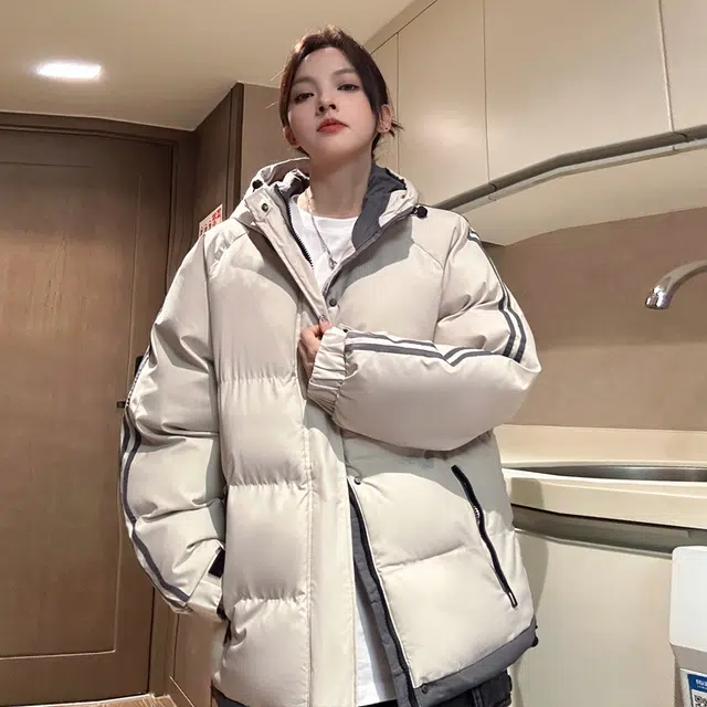 【dme】 拼接撞色假两件加厚保暖连帽羽绒服 男女同款