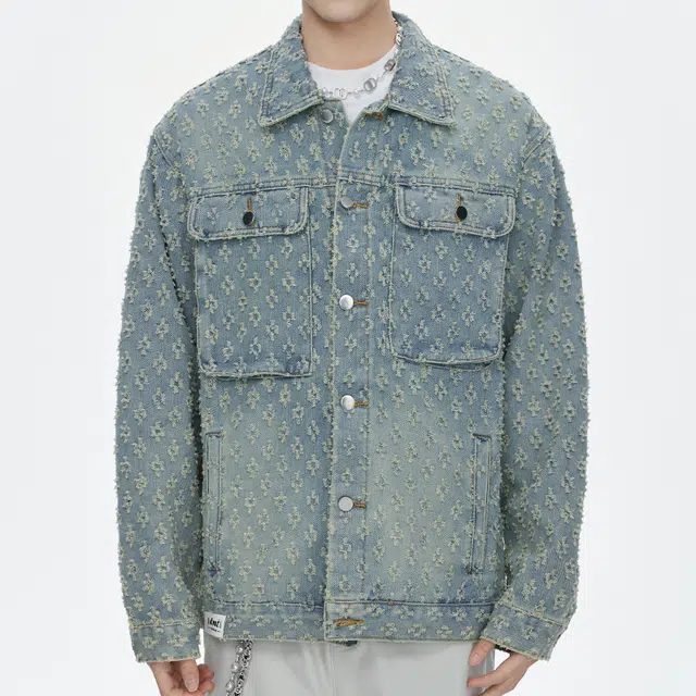 【dme】 时尚潮流立体印花设计感宽松百搭水洗做旧百搭长袖牛仔外套 男女同款