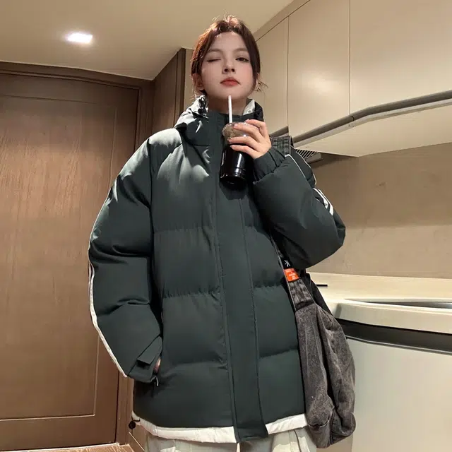 【dme】 拼接撞色假两件加厚保暖连帽羽绒服 男女同款