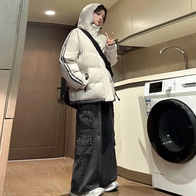 【dme】 拼接撞色假两件加厚保暖连帽羽绒服 男女同款