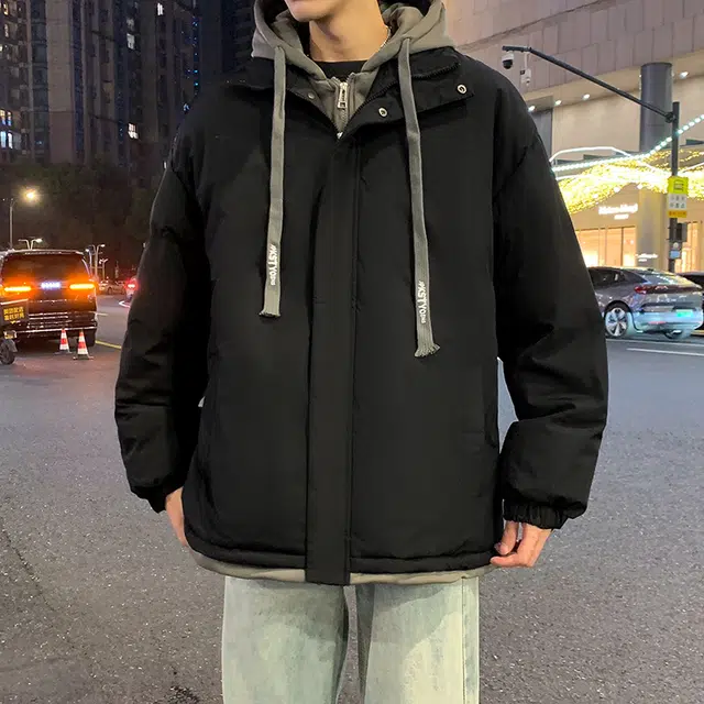 【dme】 港风假两件拼接加绒加厚宽松百搭连帽棉服 男女同款