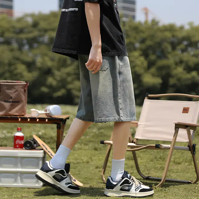 【dme】 复古水洗做旧基础款美式高街宽松休闲紧腰抽绳无性别主义五分学院风牛仔短裤 男女同款