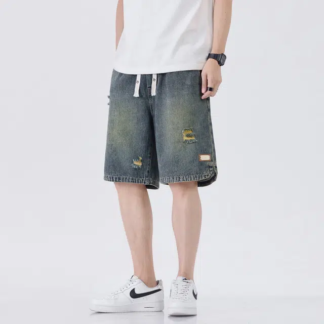 【dme】 破洞水洗做旧舒适透气通勤运动休闲系带中腰直筒宽松百搭五分牛仔短裤 男女同款