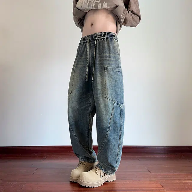 【dme】 美式复古百搭简约休闲宽松水洗做旧直筒拼接个性舒适垂感牛仔裤 男女同款