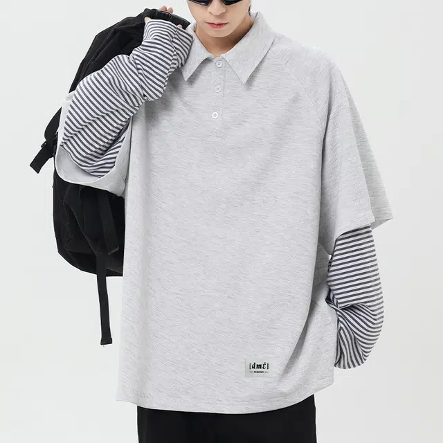 【dme】 日系简约翻领外穿拼接宽松休闲长袖上衣日常通勤舒适百搭假两件卫衣 男女同款