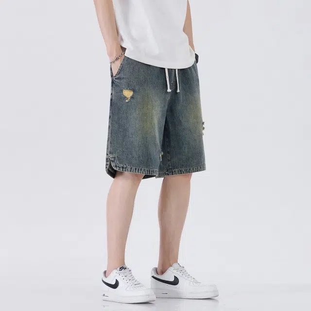 【dme】 破洞水洗做旧舒适透气通勤运动休闲系带中腰直筒宽松百搭五分牛仔短裤 男女同款