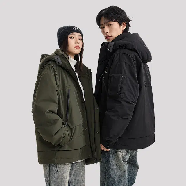 【dme】 美式工装机能字母刺绣防风山系连帽羽绒服 男女同款
