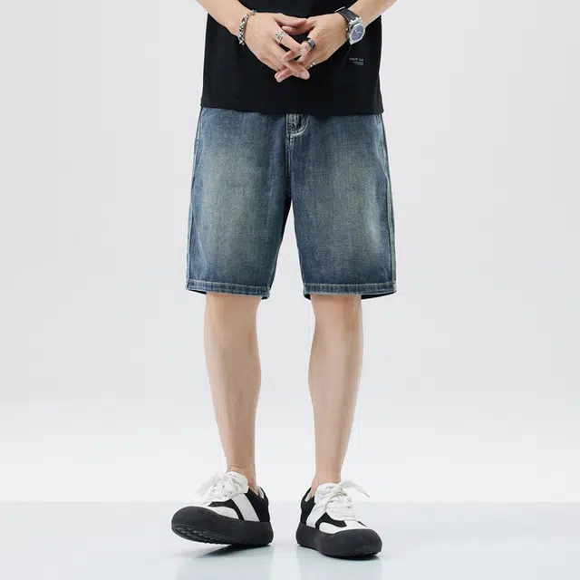 寻星记 男士夏季美式简约纯色百搭宽松五分水洗休闲裤牛仔短裤 男女同款
