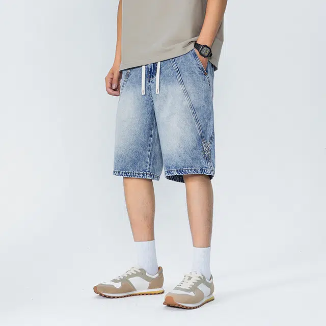 【dme】 美式高街水洗刺绣基础款纯色宽松直筒阔腿休闲五分牛仔短裤 男女同款