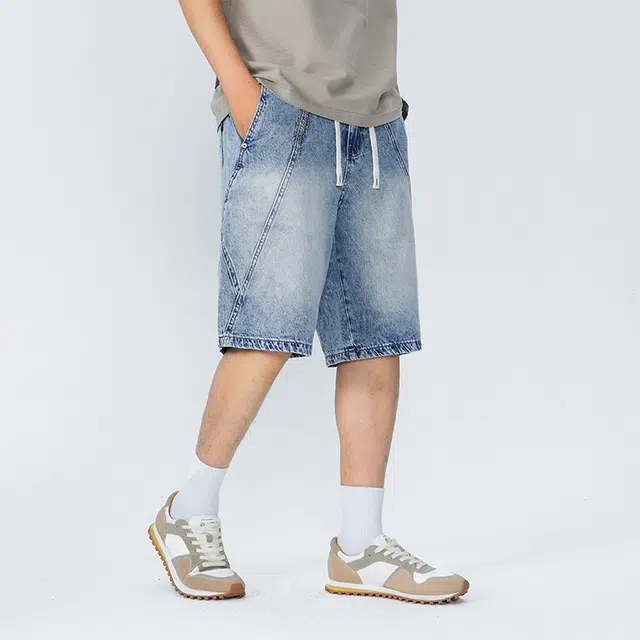 【dme】 美式高街水洗刺绣基础款纯色宽松直筒阔腿休闲五分牛仔短裤 男女同款
