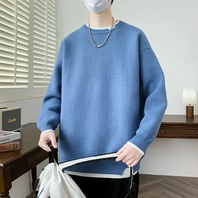【dme】 潮牌宽松休闲纯色针织打底衫假两件圆领毛衣 男款