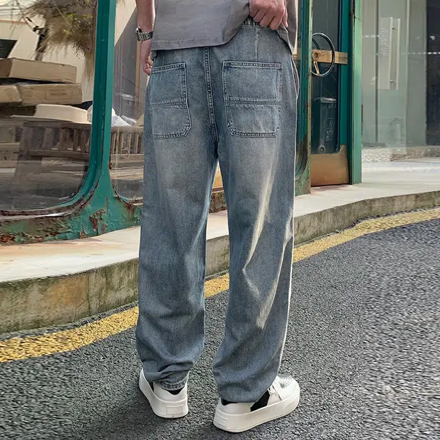 【dme】 薄款破洞刮烂复古做旧抽绳水洗牛仔裤 男款 怀旧色