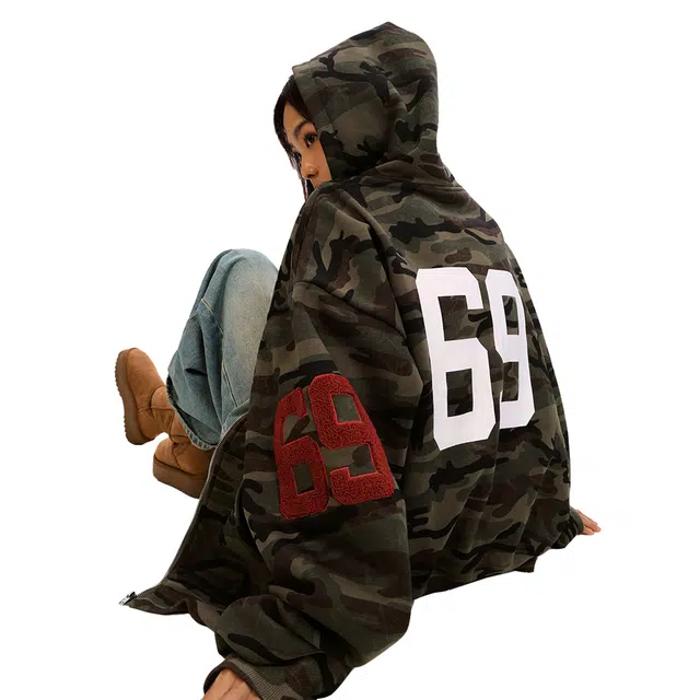 寻星记 复古小众设计迷彩连帽开衫卫衣 男女同款