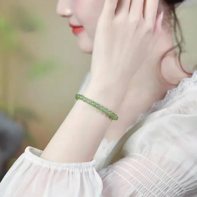 周纪福 好运青海料晴水绿色 和田玉手串 青玉 女款